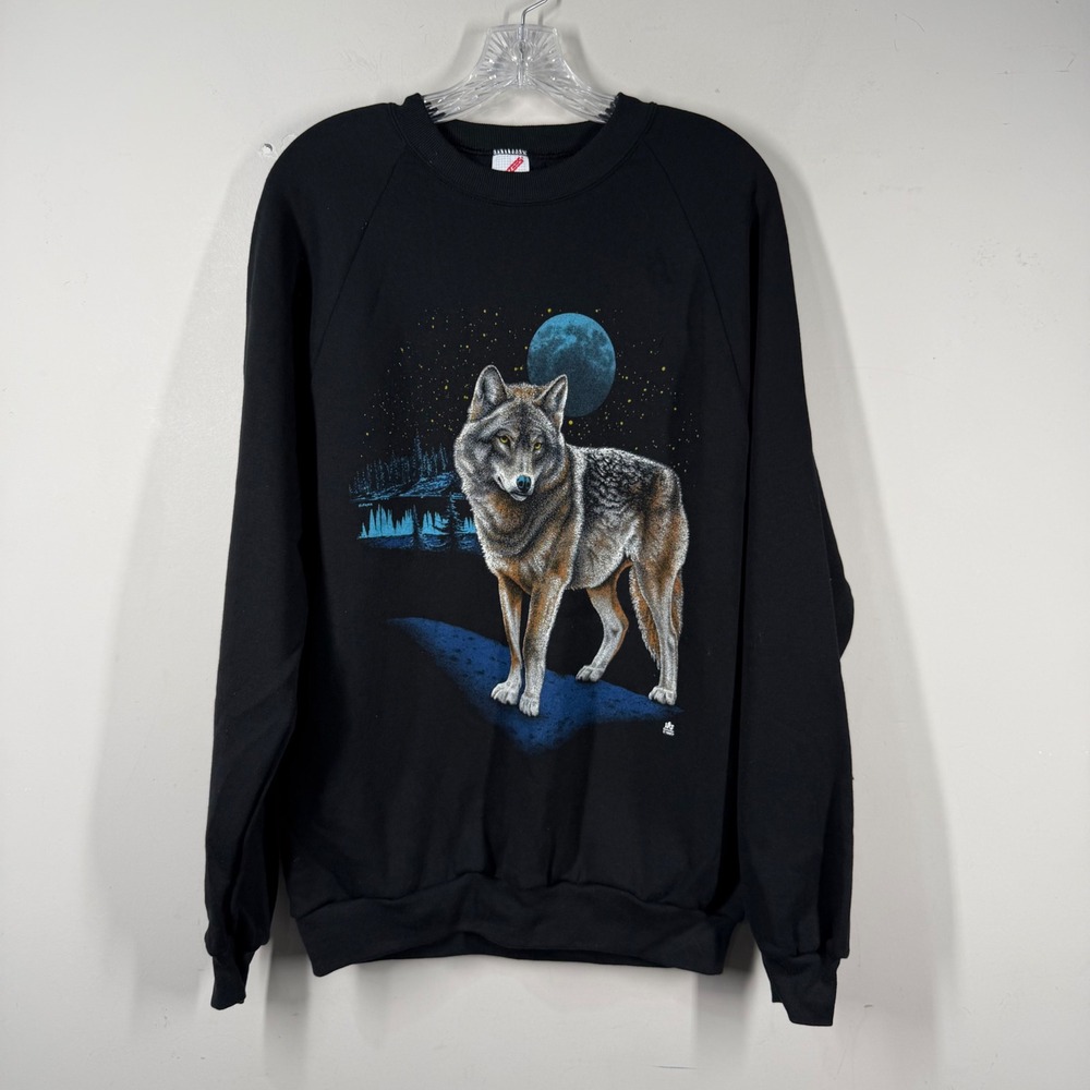 Vintage Jerzees Wolf Full Moon Sweatshirt Black Mens Large Made in USA 90s NWOT